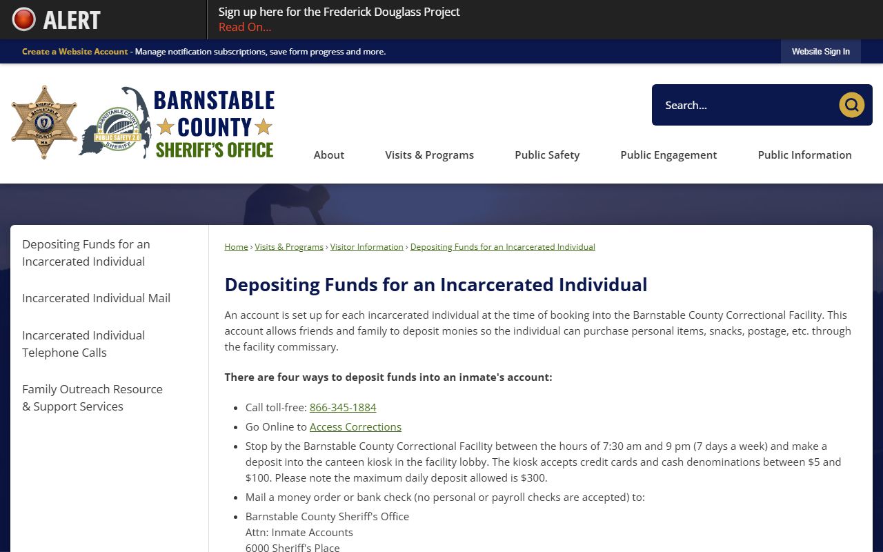Barnstable County Correctional Facility inmate funds page