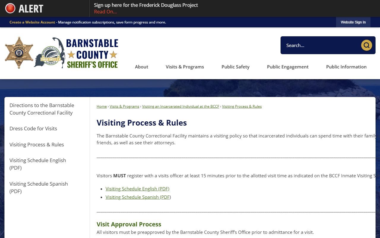 Barnstable County inmate visitation rules page