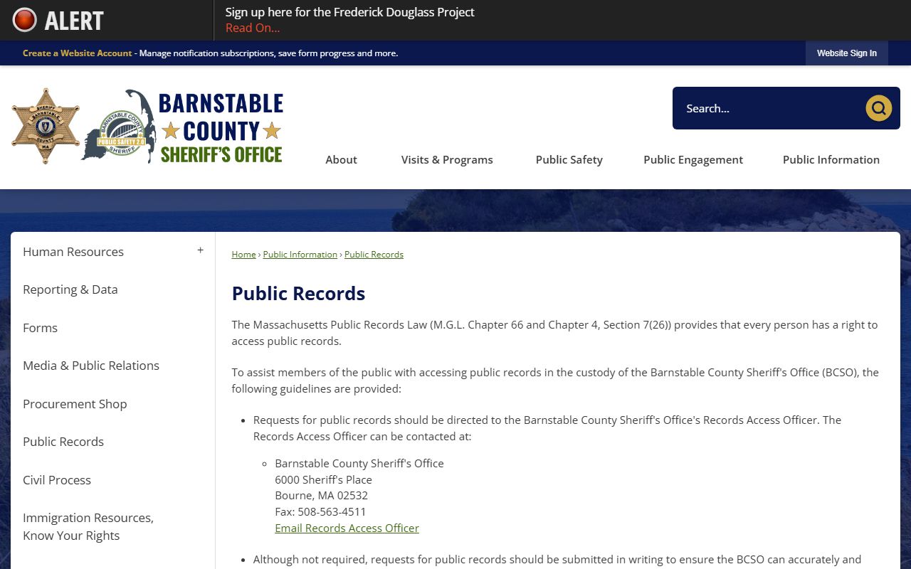 Barnstable County jail mugshots public records request page