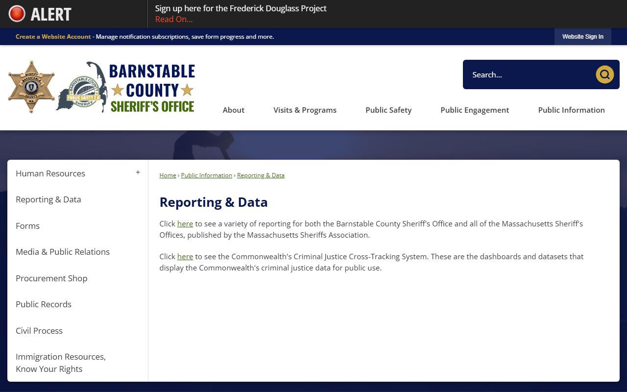 Barnstable County inmate population reporting data page